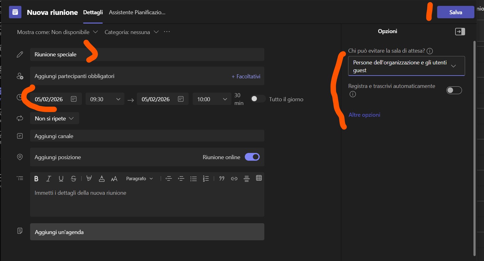 definire titolo, data, opzioni