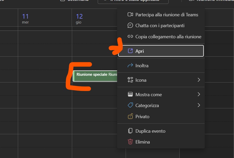 apri di nuovo riunione sul calendario