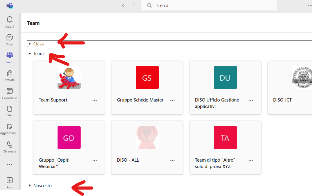 nuovo teams, vista elenco teams